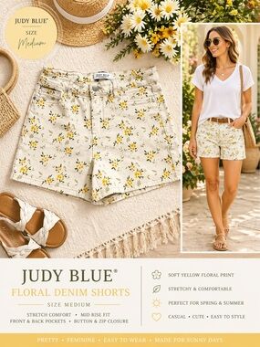 Judy Blue Floral Denim Shorts Yellow Daisy Print Stretch Mid Rise Size Medium